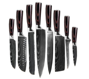 The Art of Cooking with 8 Damascus Pattern Stainless Steel Chef's Knives